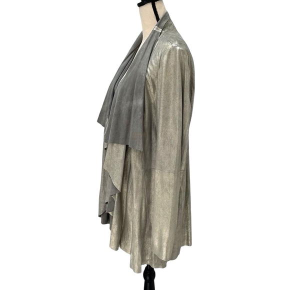 CATHERINE MALANDRINO SILVER METALLIC DRAPED NECKLINE OPEN LEATHER JACKET - NWT - Picture 8 of 13